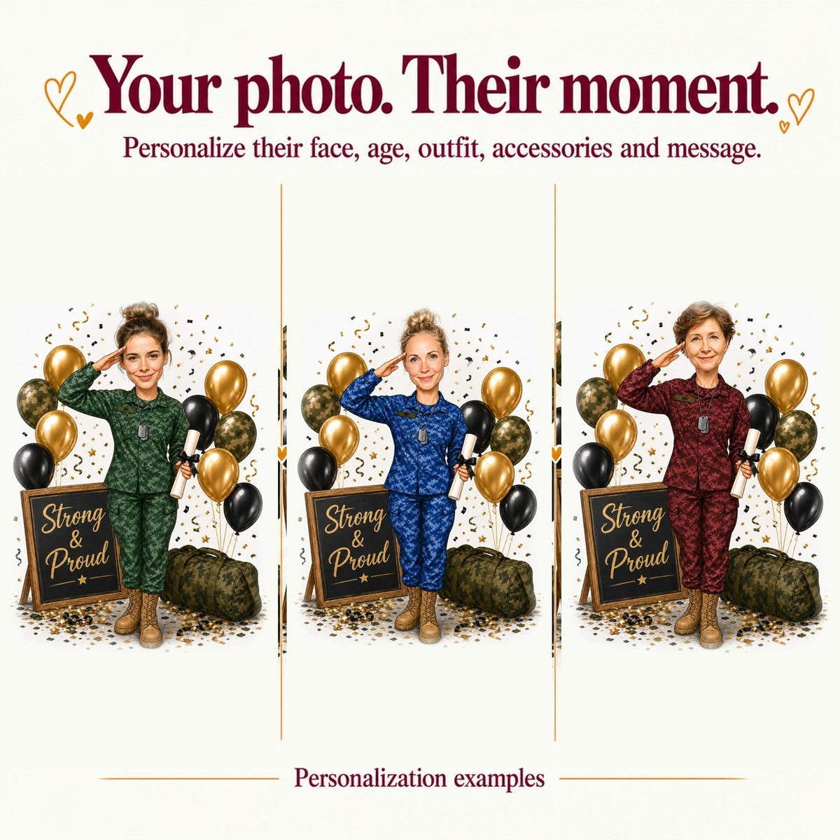 Three personalized versions: different faces, hair, and uniform colors on graduation scene.