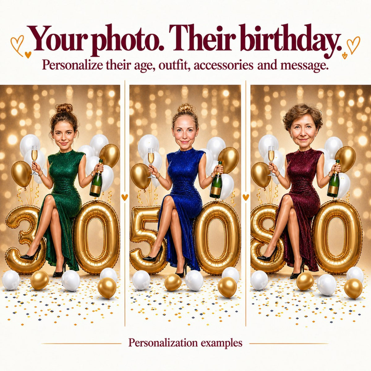 Three personalized caricatures with different women and ages 30, 50, and 80 on balloons.