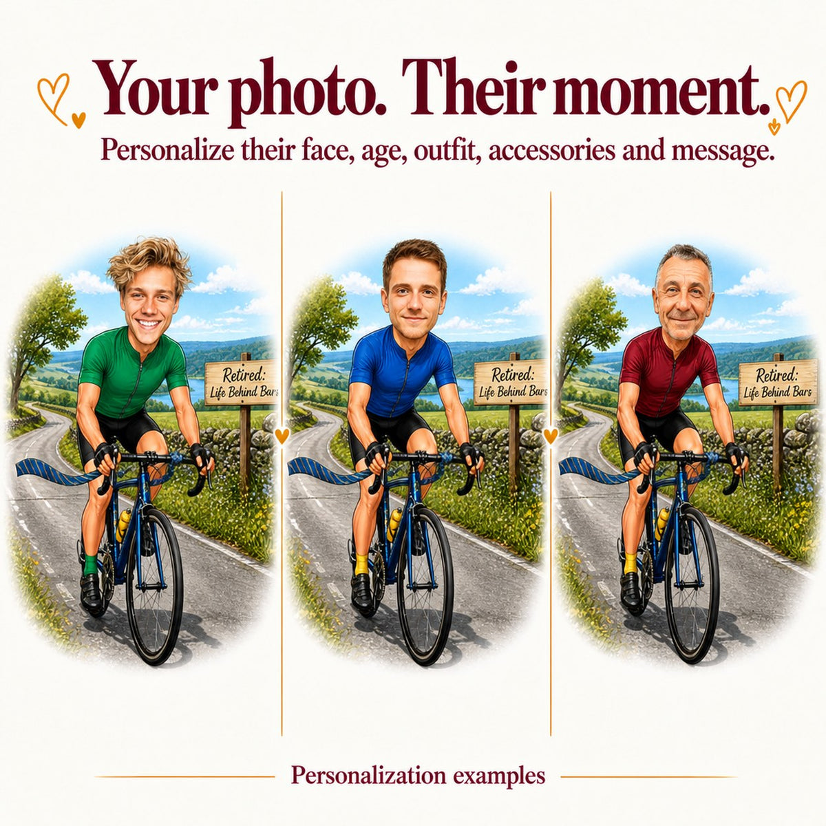 Three personalized cyclist caricatures with different faces, jersey colors, and blue or black bike accents.