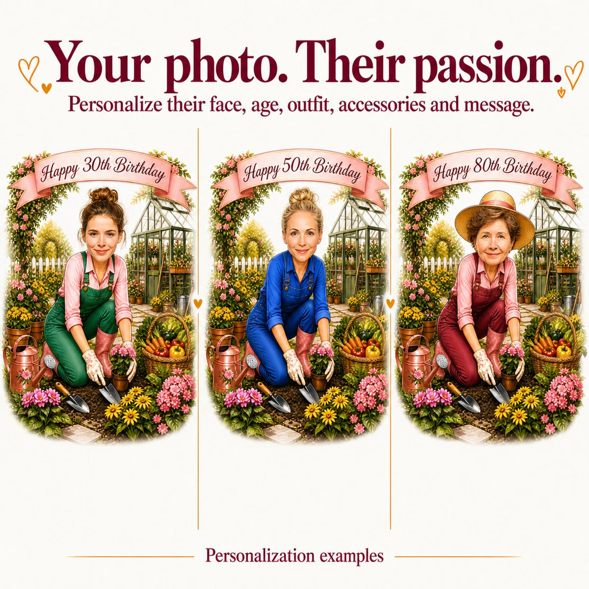 Three personalized gardening caricatures with different female faces and ages 30, 50, 80