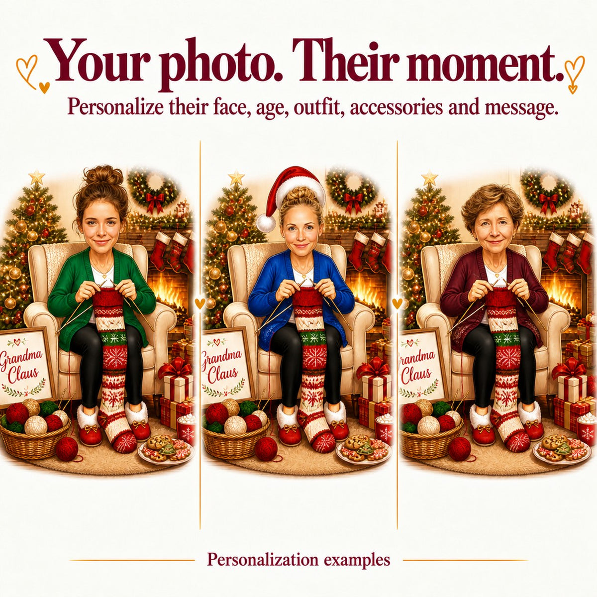 Three personalized Grandma Claus caricatures with different faces and sweater colors red, green, blue.