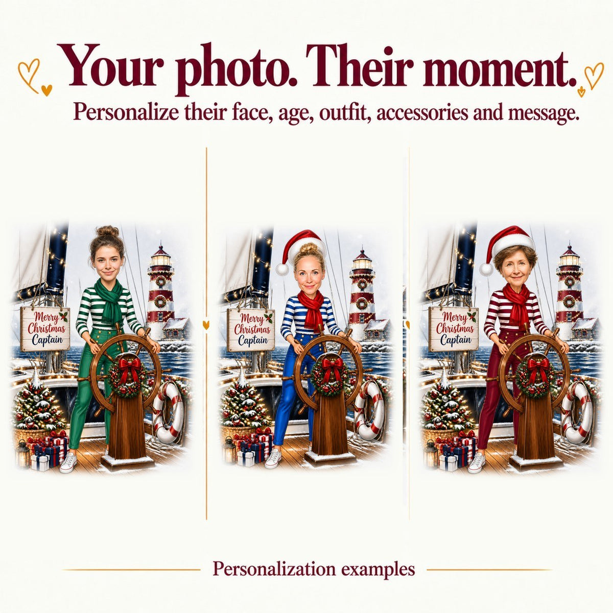 Three custom sailing Christmas caricatures with different women, outfits, and background colors