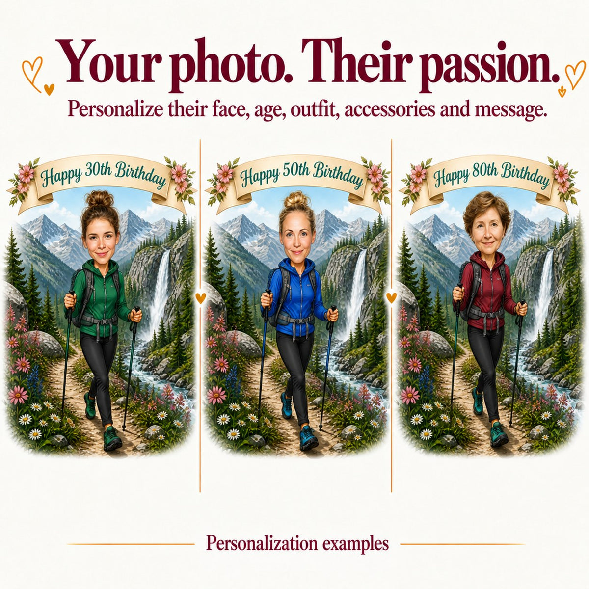 Three hiking caricatures with different female faces and ages 30, 50, and 80