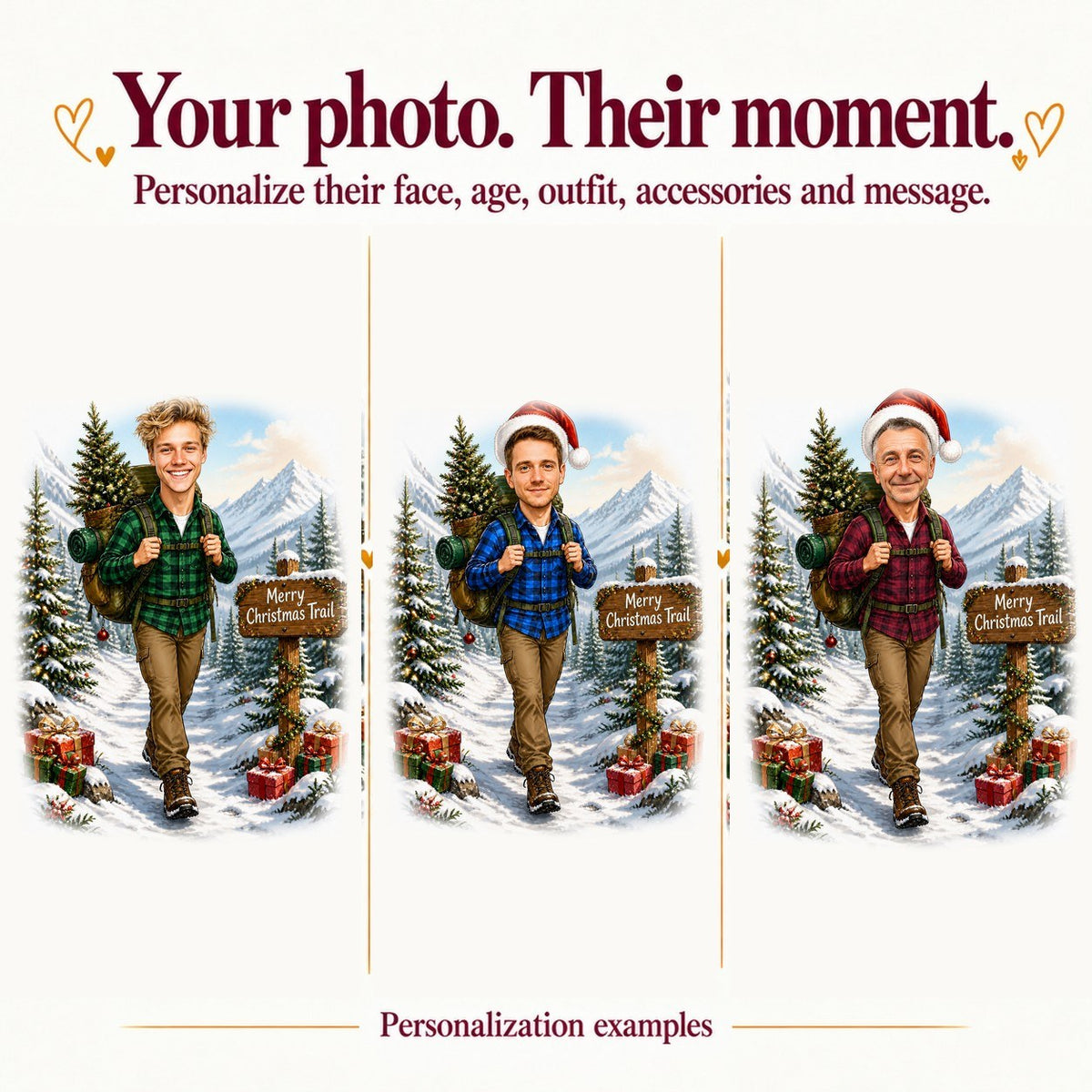Three custom hikers with different faces, outfit colors, and backgrounds for personalization.