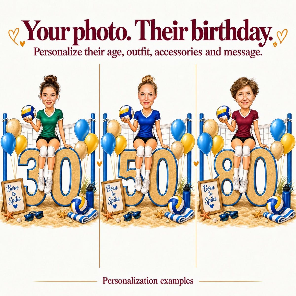 Three examples with different women’s faces, volleyball scene ages 30, 50, and 80.