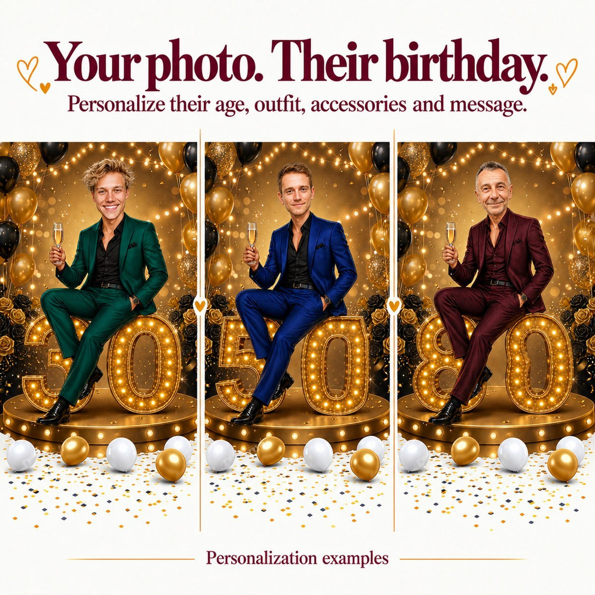 Three personalized versions: different male faces on ages 30, 50, and 80 in gold scene.
