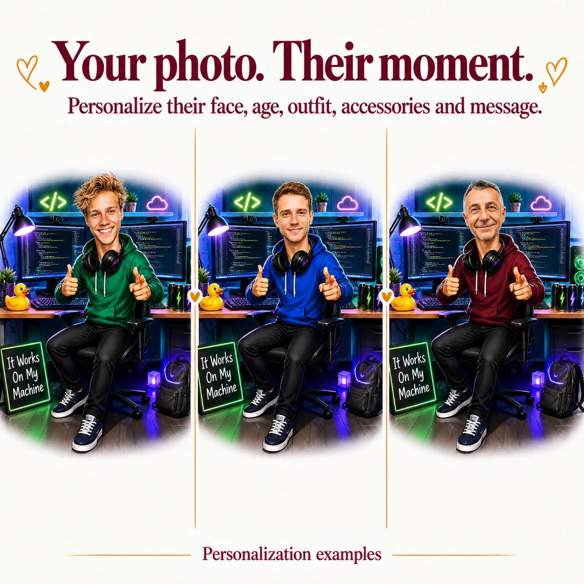 Three programmer caricatures with different faces and hoodie colors at desk.