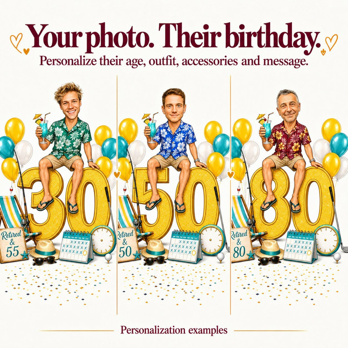 Three personalized versions with different faces and ages 30, 50 and 80