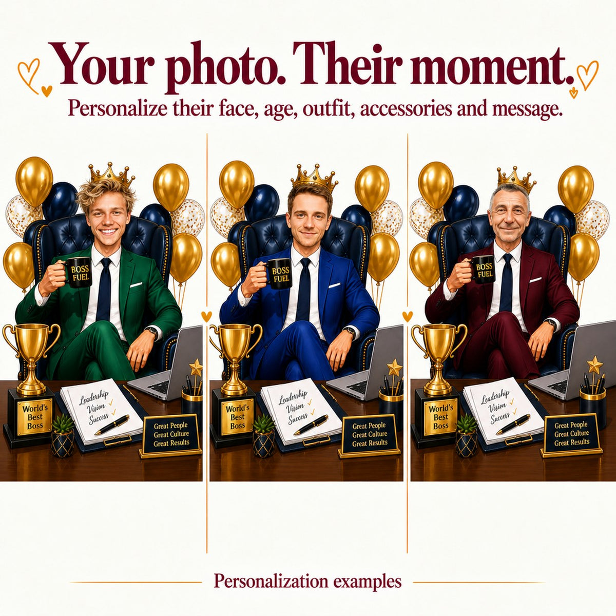 Three personalized versions with different male faces and navy, gray, and burgundy suits.