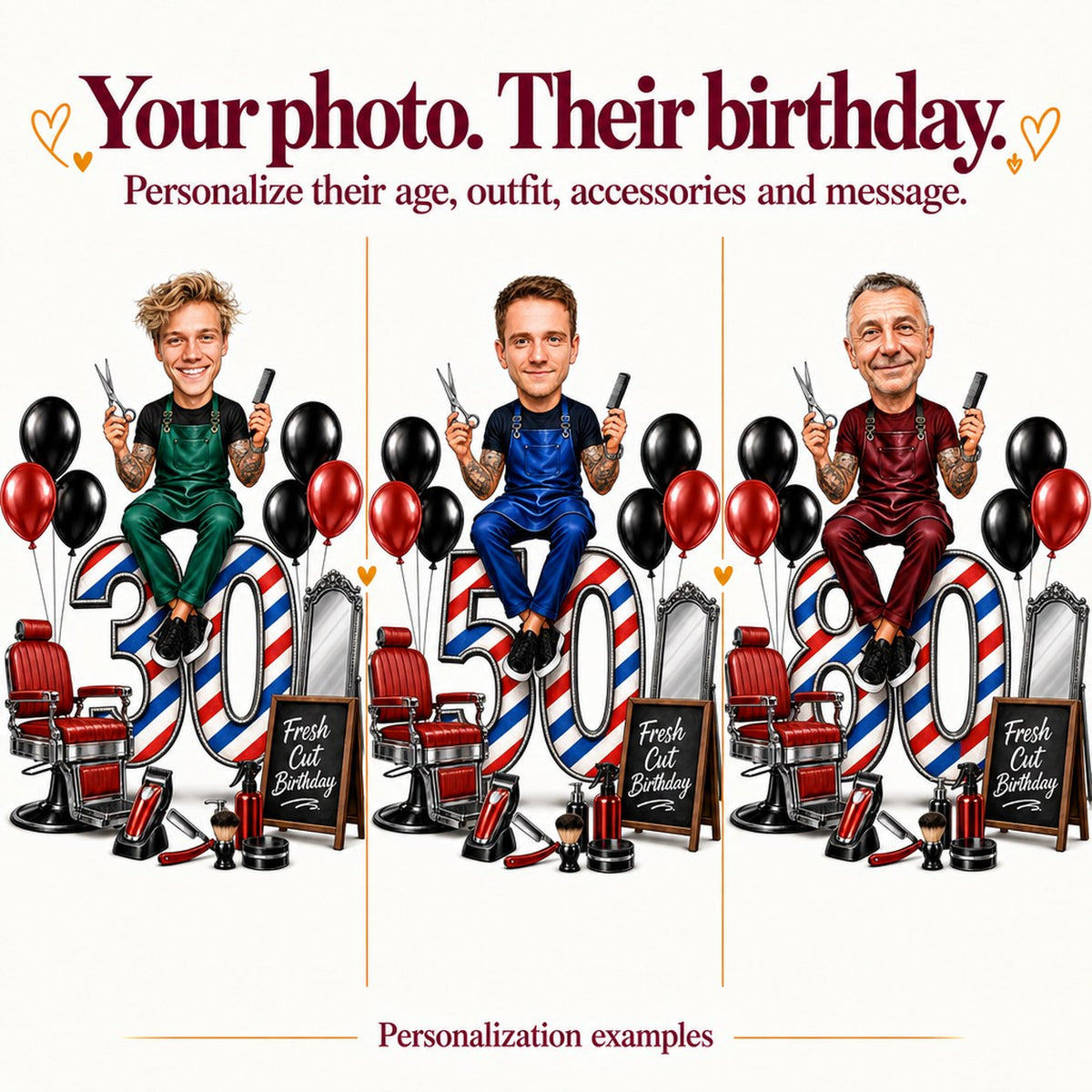 Three custom barbers ages 30, 50, 80 with different faces and outfits