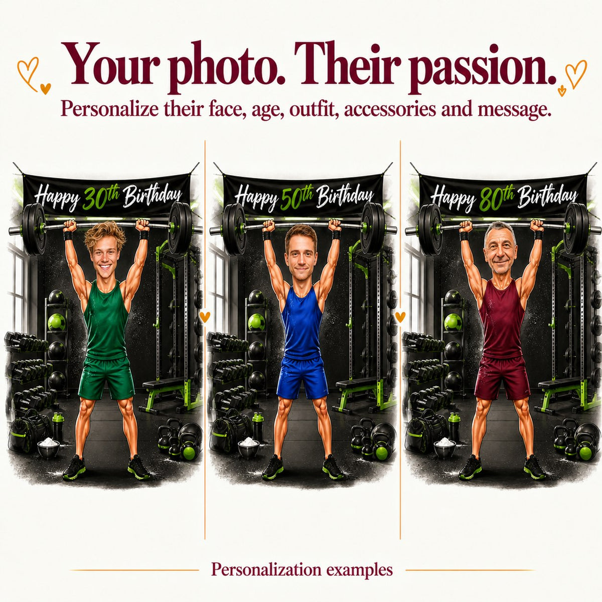 Three personalized gym caricatures with faces and ages 30, 50 and 80 in scene