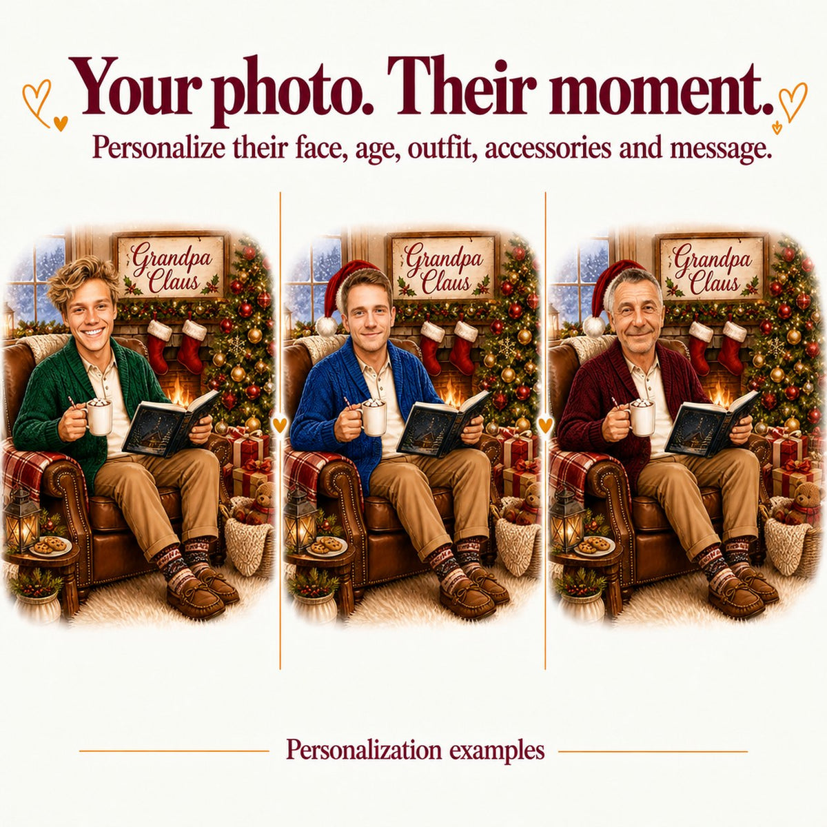 Three personalized versions with different faces and sweater and sock colors red, green, blue.