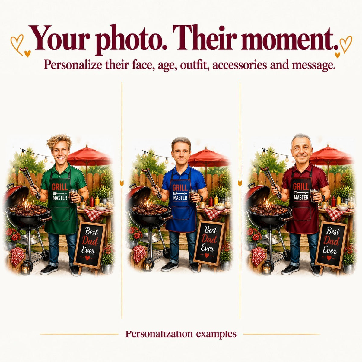 Three versions with different faces, apron colors, and custom chalkboard messages