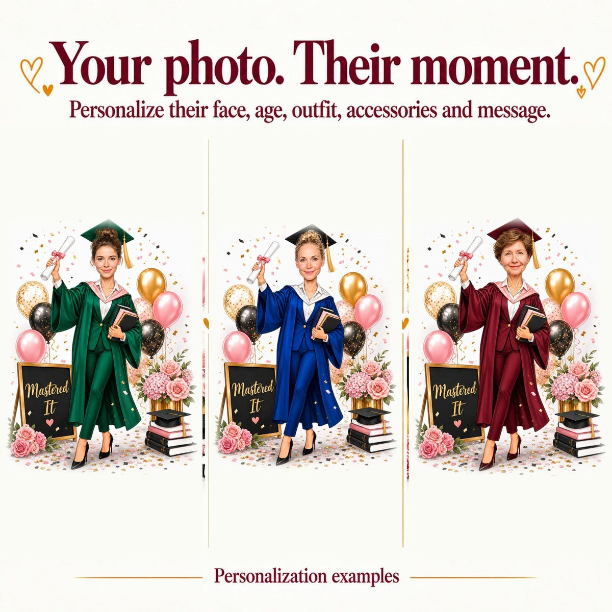 Three personalized graduation caricatures with different faces and gown colors in same scene.