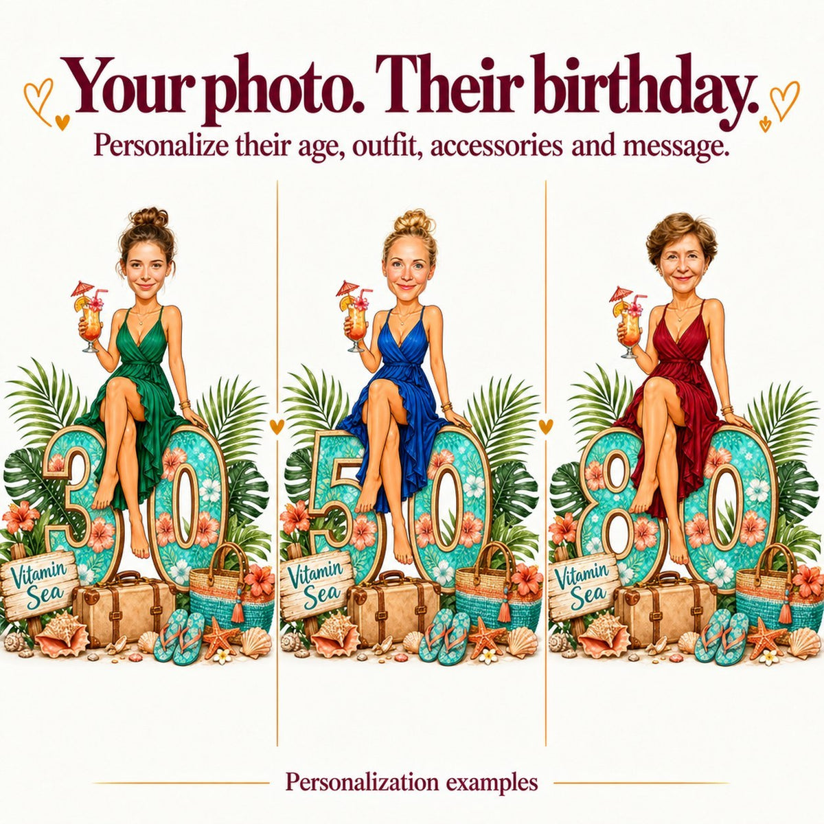 Three personalized versions with different faces, ages 30, 50 and 80.