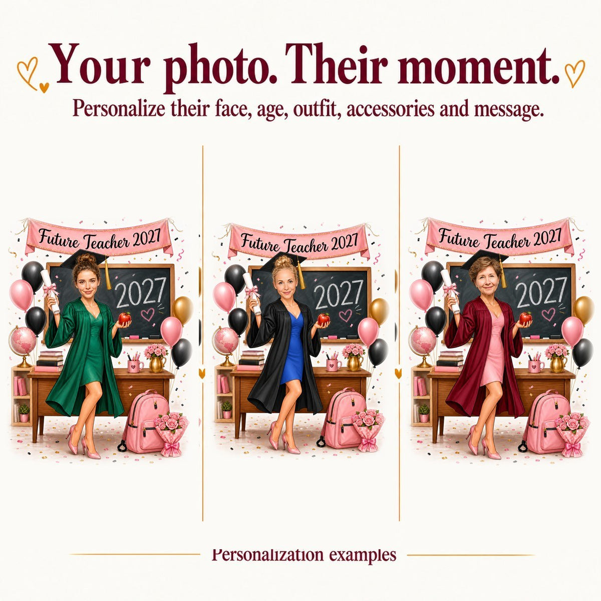 Three personalized teacher graduation caricatures with different faces and dress colors, pink, blue, green.