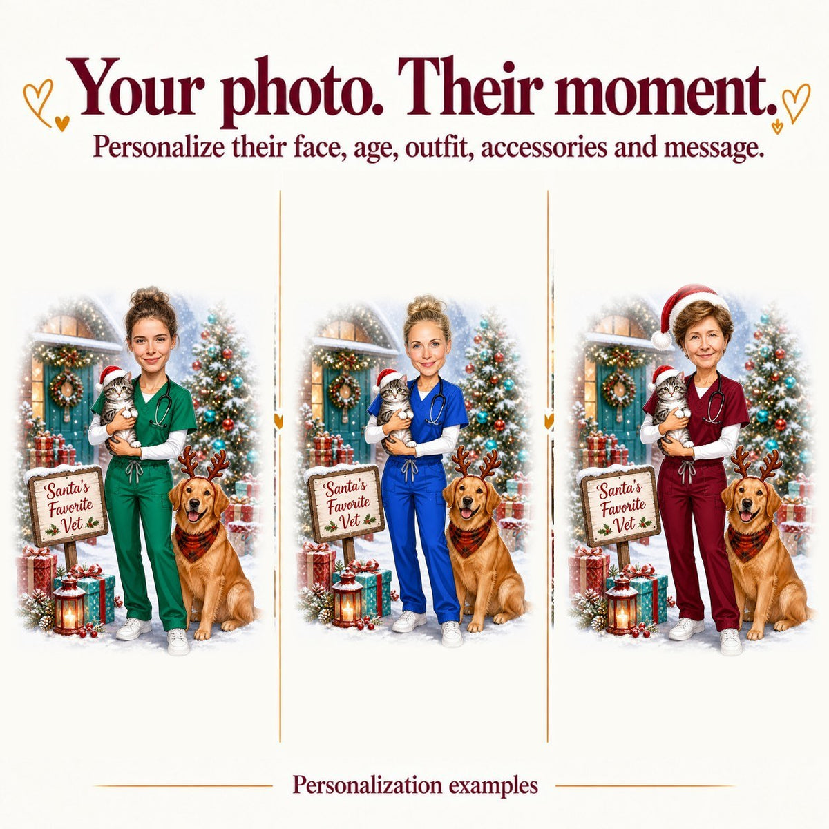 Three examples with different women’s faces, scrub colors, varied pets, and custom sign text.
