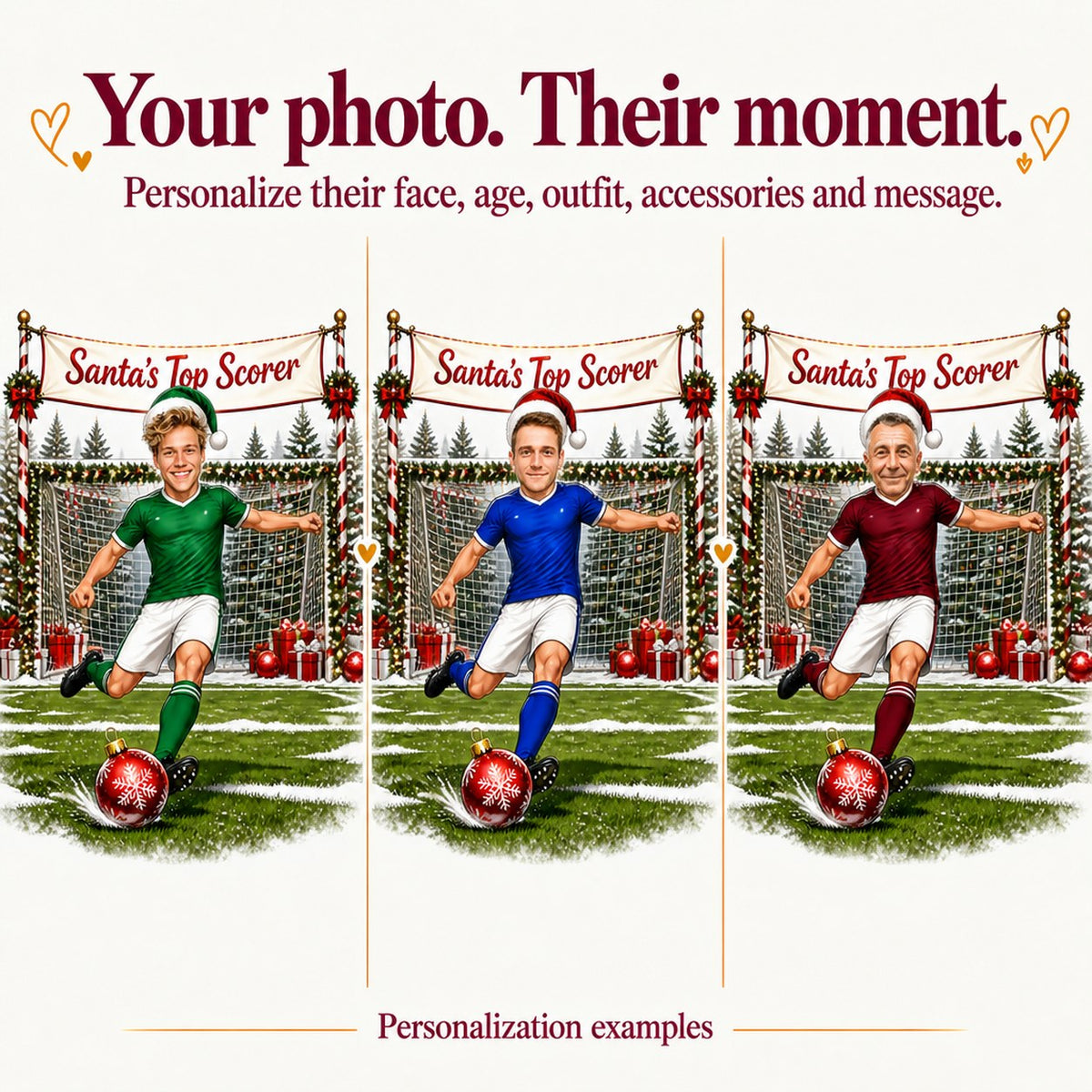 Three personalized faces with different jersey colors and edited banner text variations.
