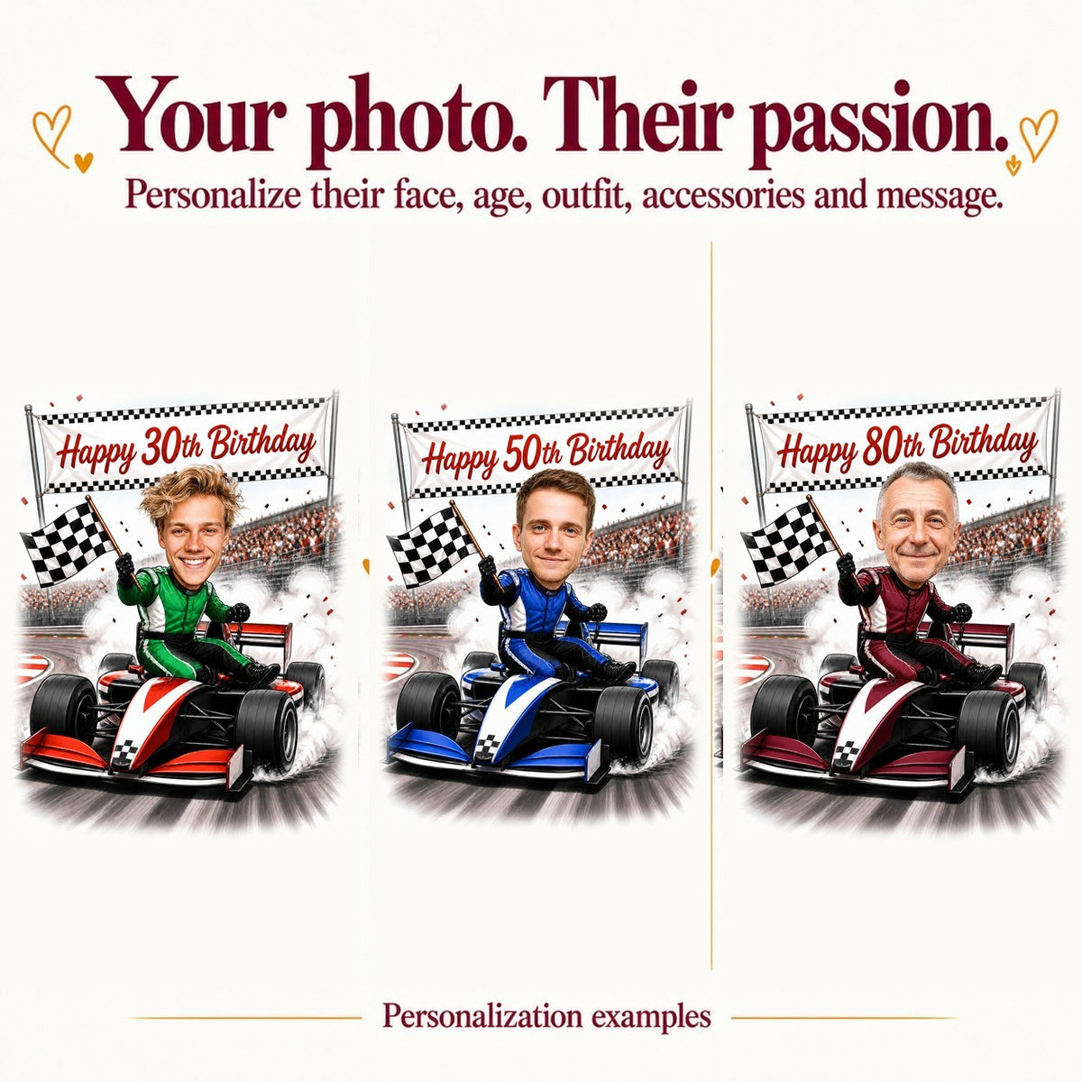 Three personalized racing driver caricatures with different faces and ages 30, 50, 80