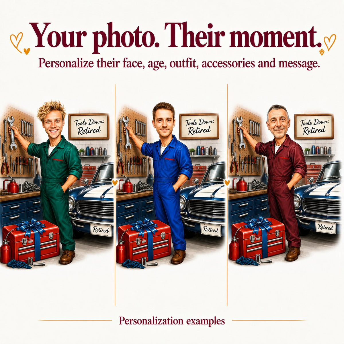 Three examples with different faces and blue, red, or green coveralls customized in the mechanic scene.