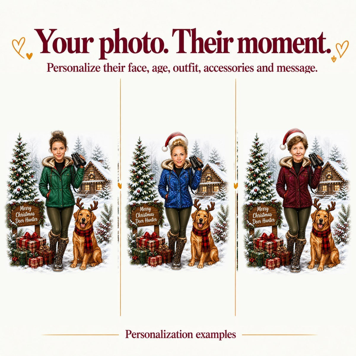 Three samples: different women’s faces, varied jacket colors, customized text on sign.