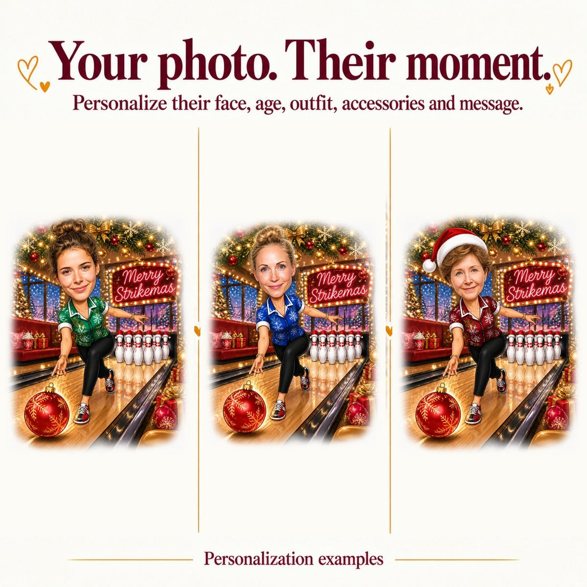 Three women personalized in Christmas bowling scene with different faces and shirt colors.