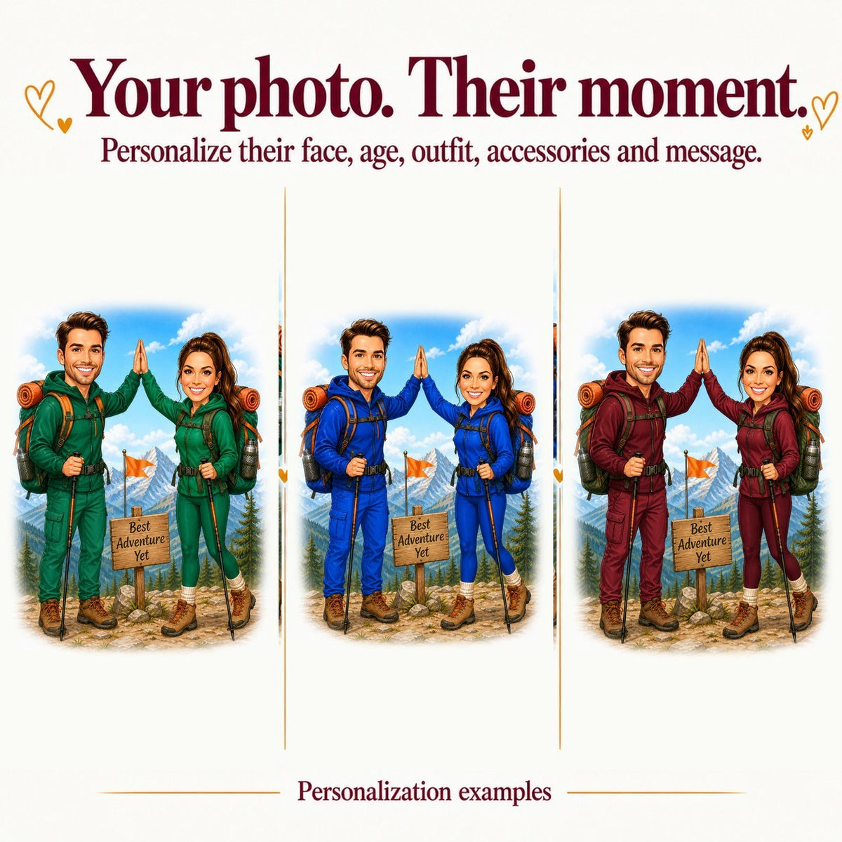 Three hiking couple caricatures with different faces, jacket colors, and custom wooden sign text.