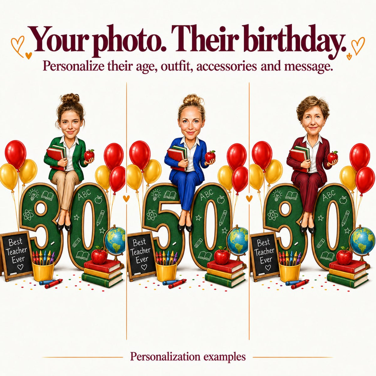 Three teacher caricatures with different faces on ages 30, 50, and 80 numbers.