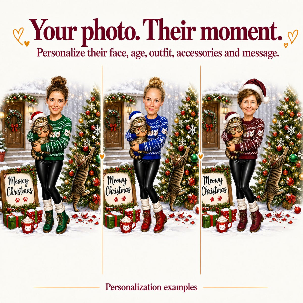 Three personalized versions with different faces, sweater colors, and cats in the scene