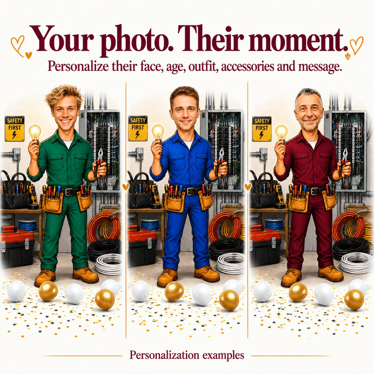 Three electrician caricatures with different faces, skin tones, and blue, gray, orange outfits.
