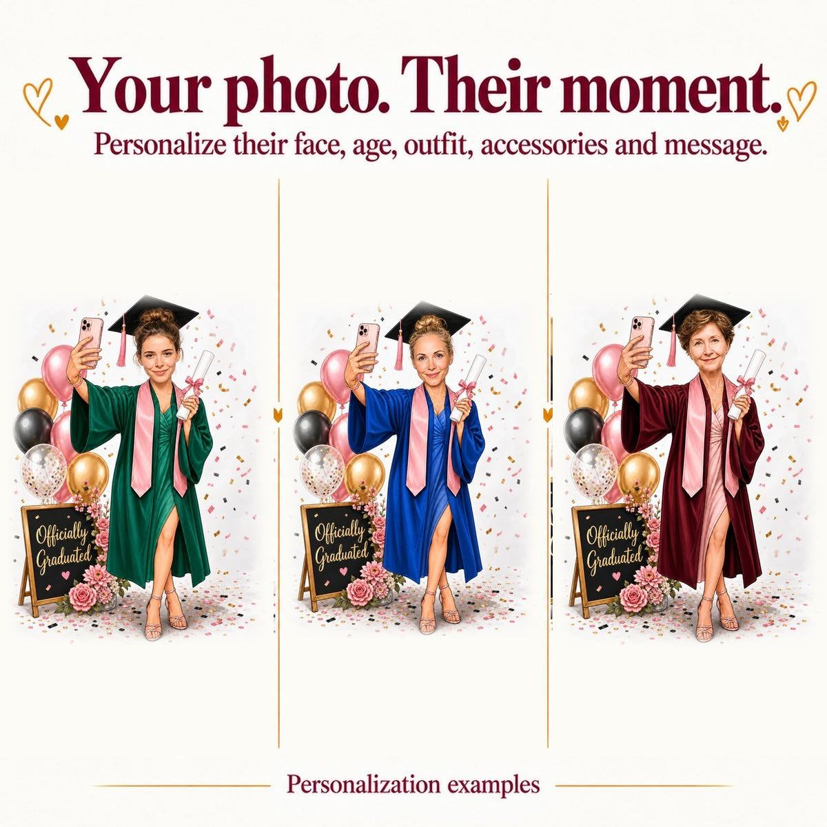 Three grads with different faces, skin tones, and stole colors; custom text on sign.