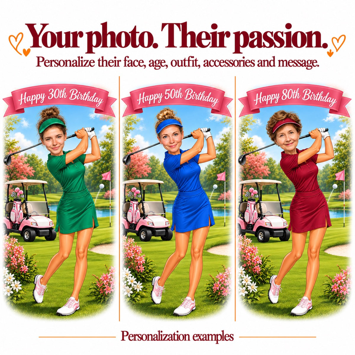 Three custom golf caricatures with different faces and ages 30, 50 and 80.