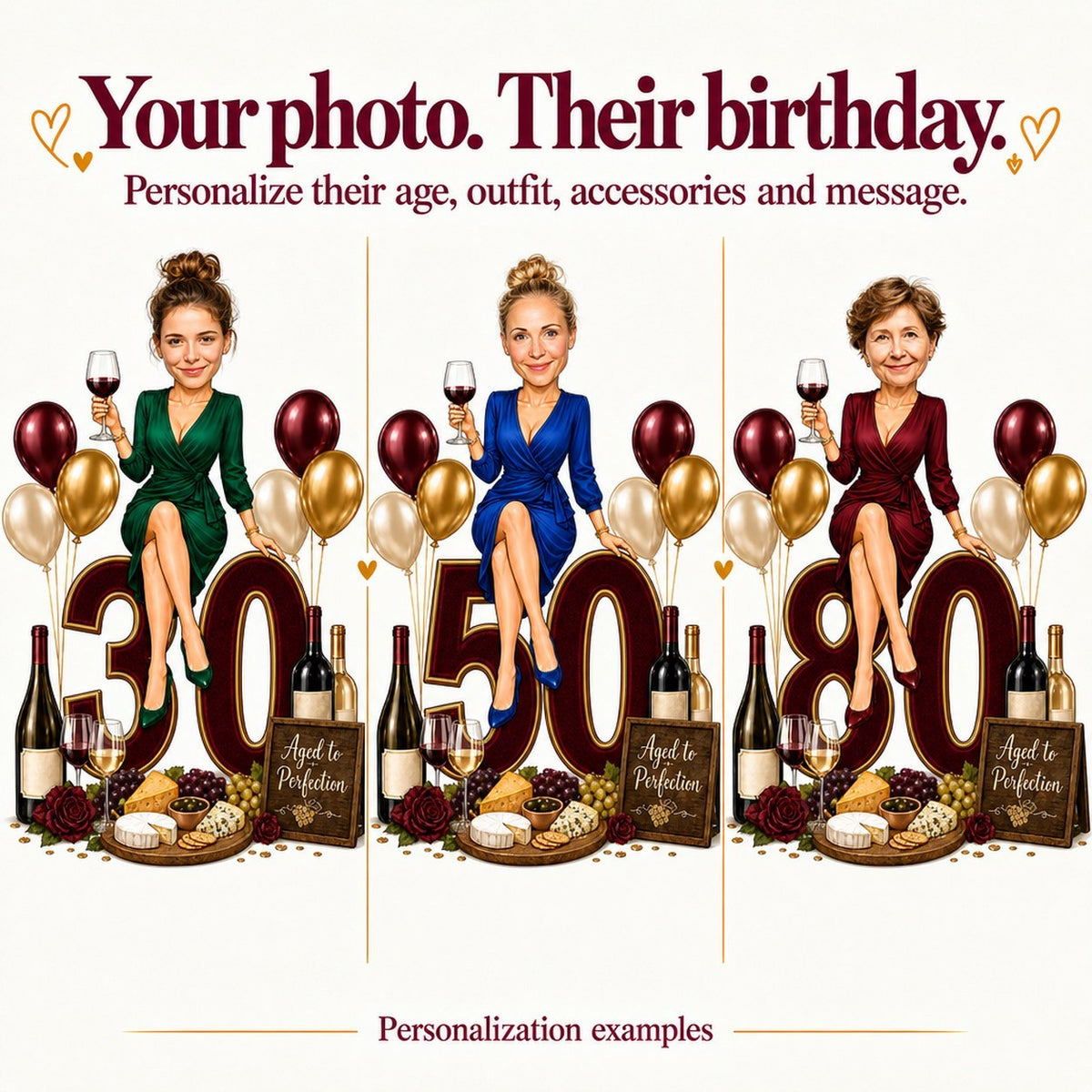 Three personalized wine scenes with different faces on ages 30, 50, and 80.