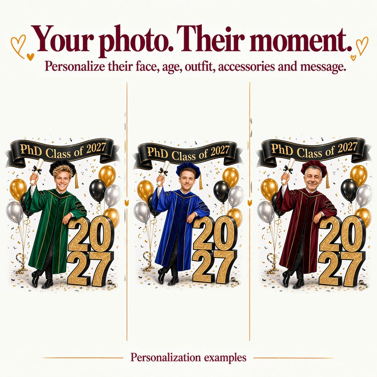 Three personalized PhD caricatures with different faces and gown colors, varied banners.