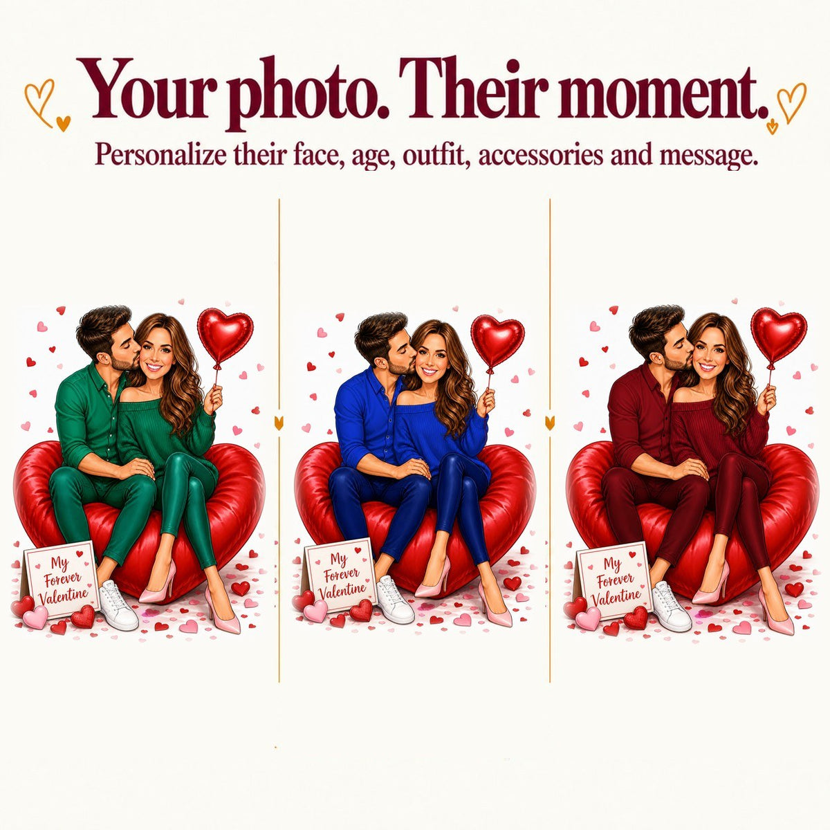 Three couples with different faces and outfit colors: pink, red, and navy.