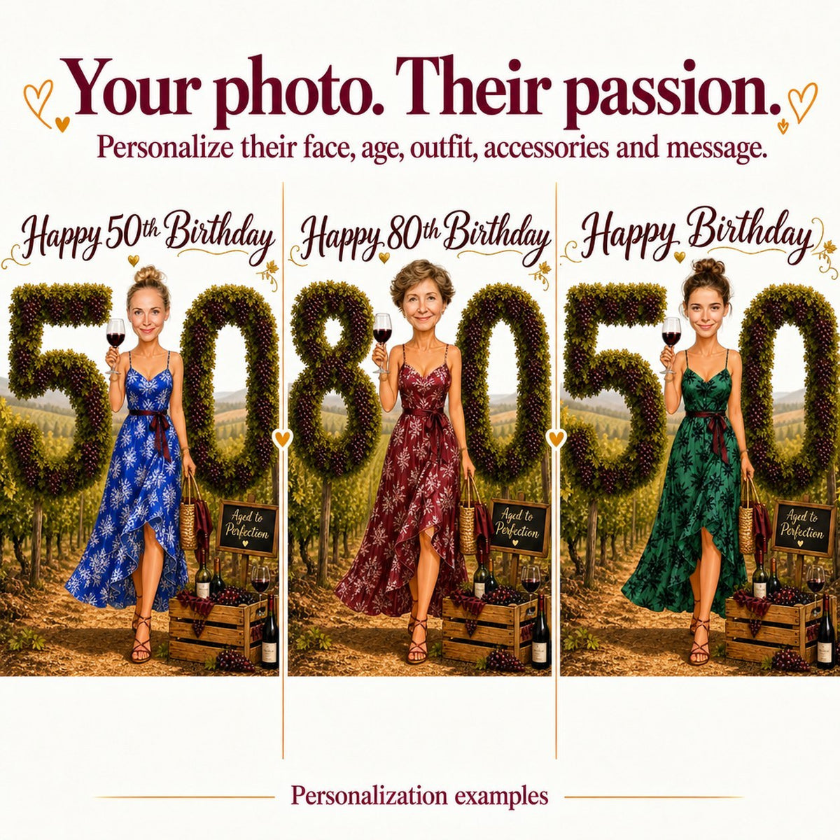 Three personalized wine scenes with different faces and ages 30, 50 and 80.