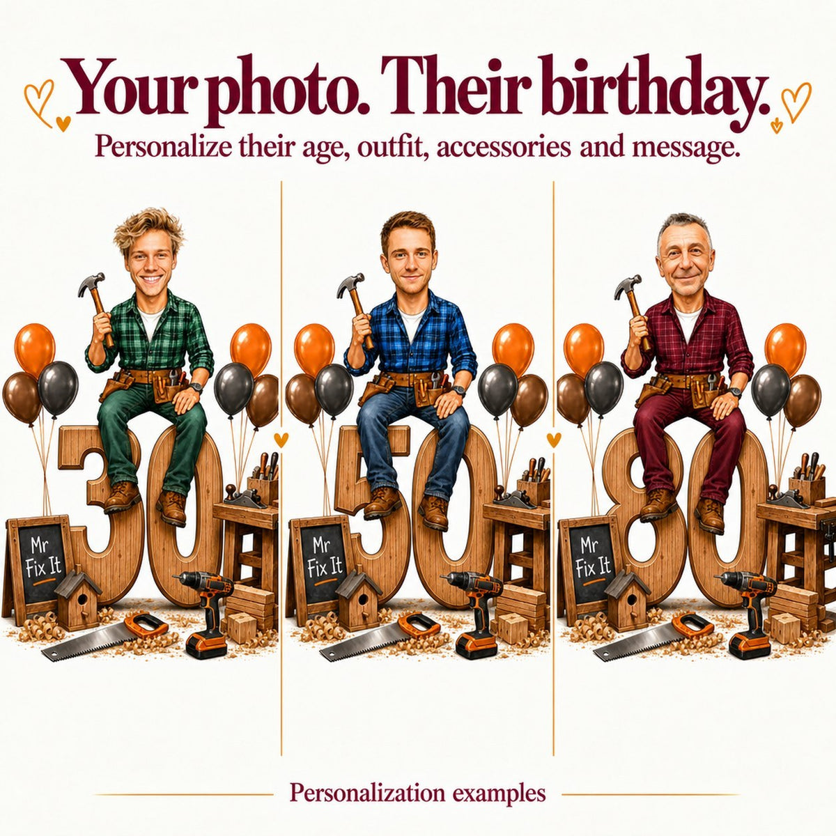 Three examples: different male faces on DIY scene, ages 30, 50, and 80.