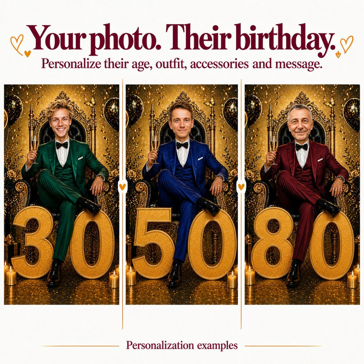Three examples with different faces and ages 30, 50 and 80.