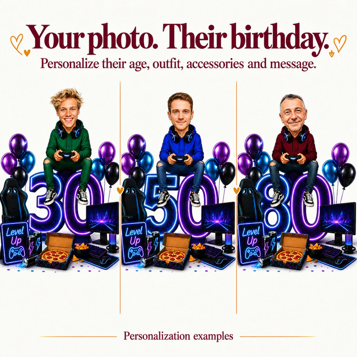 Three personalized gamer caricatures with different faces and ages 30, 50, 80.