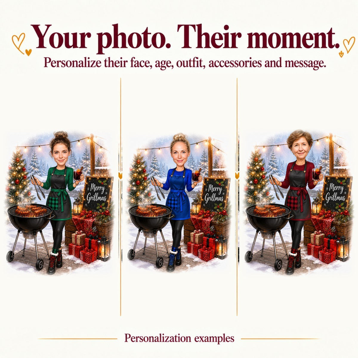 Three personalized versions with different faces, apron colors, and hairstyles.