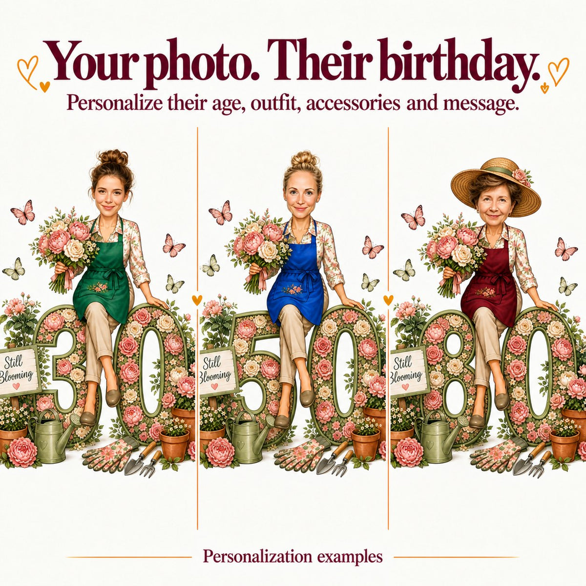 Three personalized gardeners with different faces on ages 30, 50, and 80.