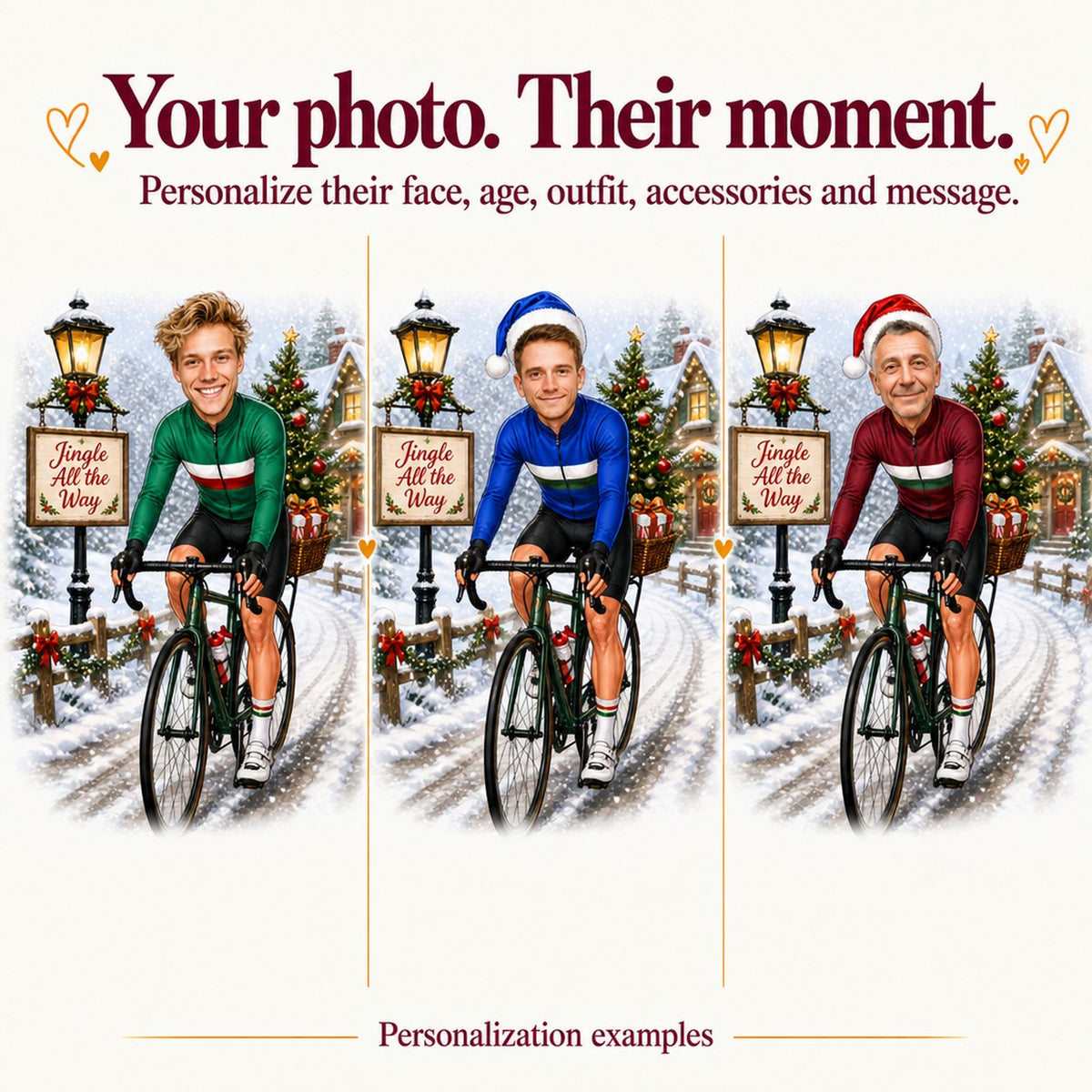 Three personalized cyclists with different faces and jersey colors, various skin tones and details.