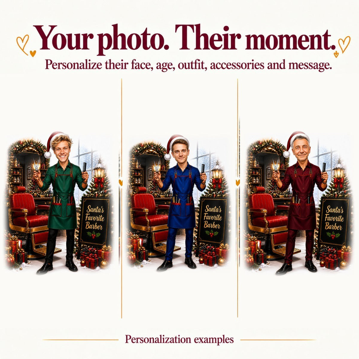 Three personalized barber Christmas caricatures with different faces and apron colors