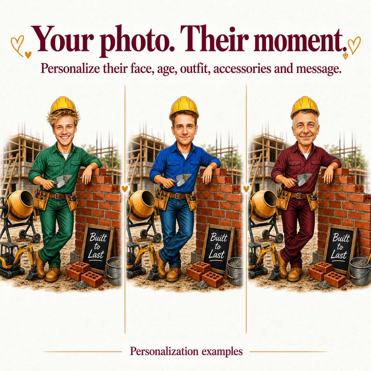 Three personalized builder caricatures with different faces, shirt colors, and background tweaks.