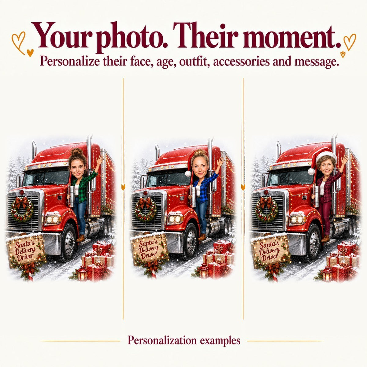 Three women’s faces on trucker Christmas caricature with different shirt colors and Santa hats.