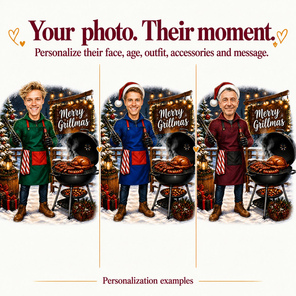 Three Merry Grillmas caricatures with different faces, apron colors, and backgrounds customized for him.