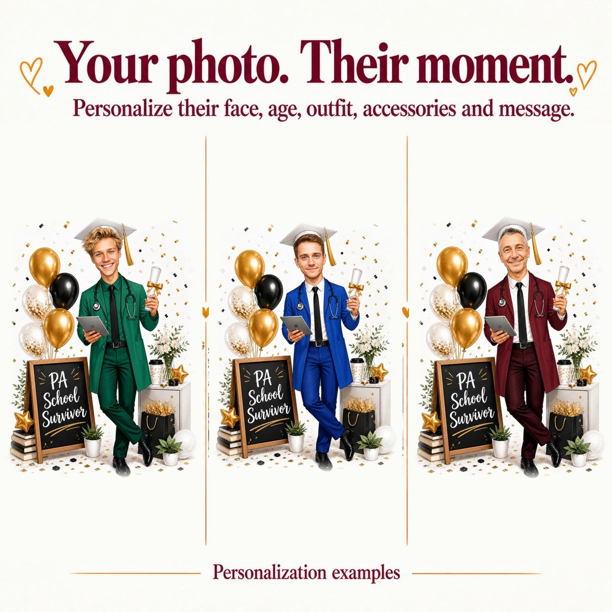 Three PA grad caricatures with different faces, coat colors, and custom sign text.
