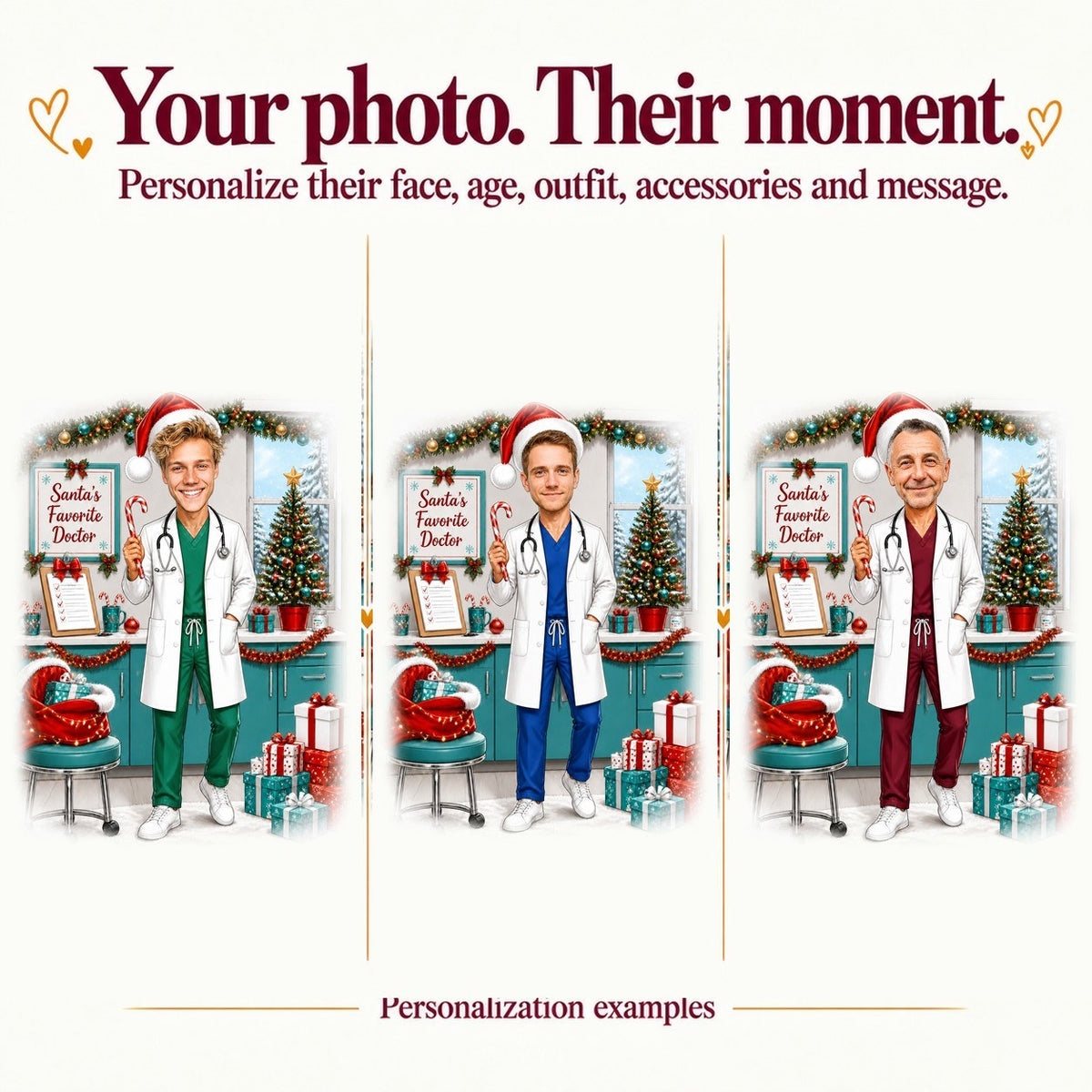 Three versions featuring different male faces and scrub colors with custom sign text