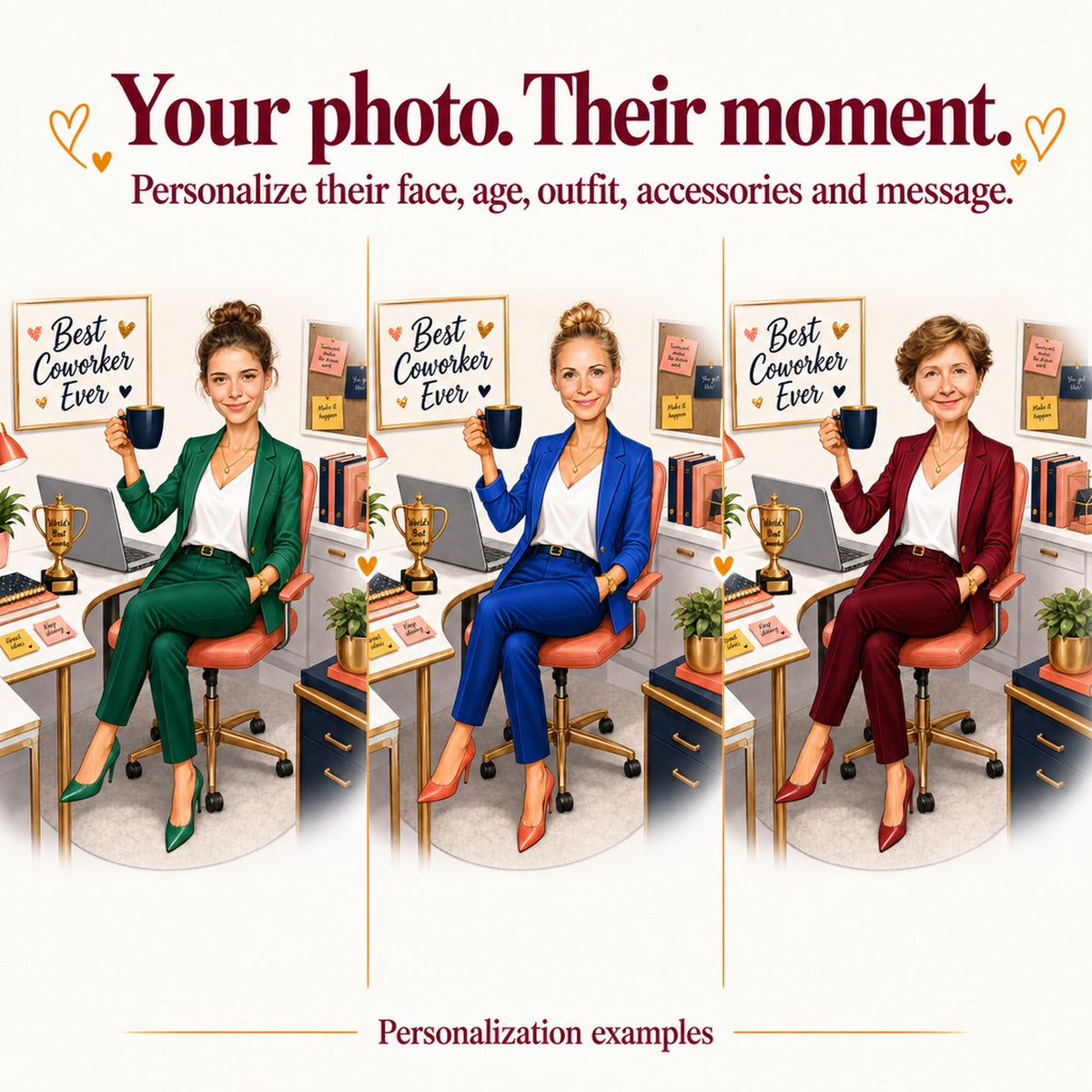 Three personalized coworker caricatures with different faces and outfit colors, various office accents.