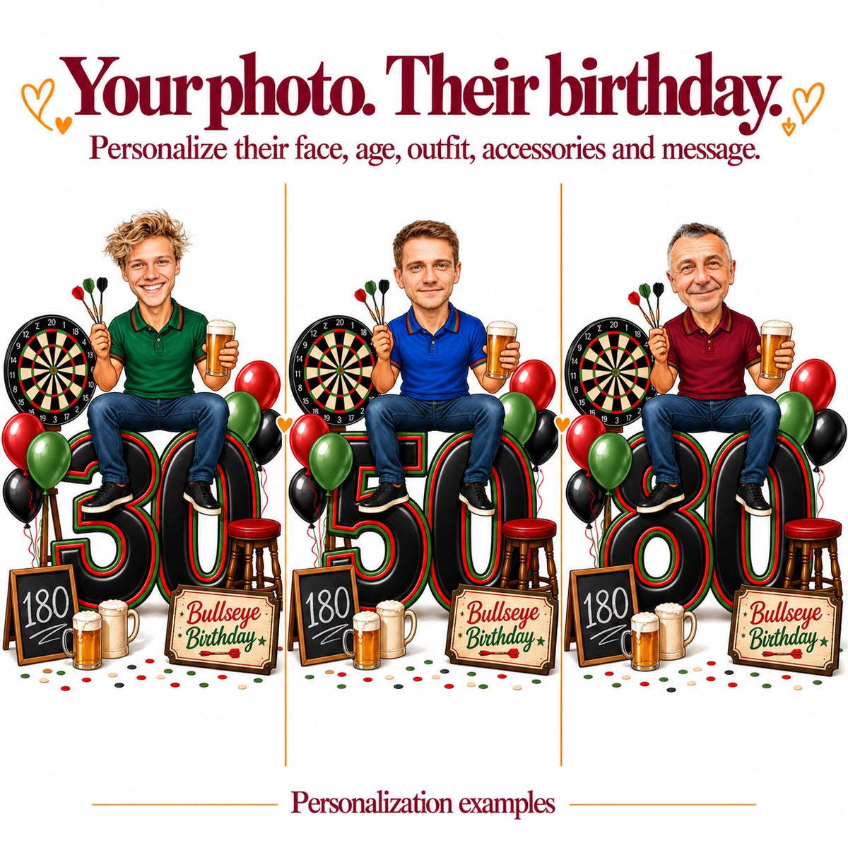 Three personalized versions with different faces and ages 30, 50 and 80.